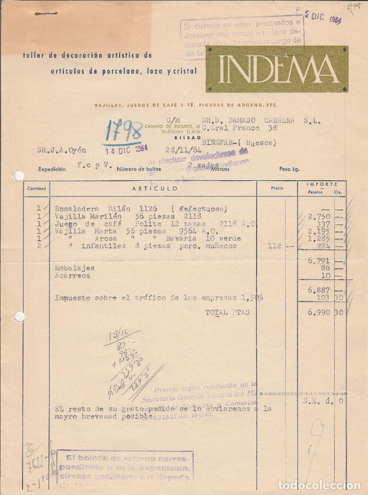 Alte Rechnungen: FACTURA. INDEMA. TALLER DE DECORACI&Oacute;N DE ART&Iacute;CULOS DE PORCELANA, LOZA Y CRISTAL. BILBAO. 1964.