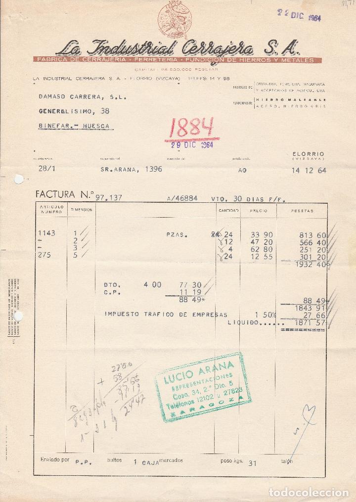 Alte Rechnungen: FACTURA. LA INDUSTRIAL CERRAJERA S.A. FUNDICION DE HIERROS Y METALES. VIZCAYA. 1964.