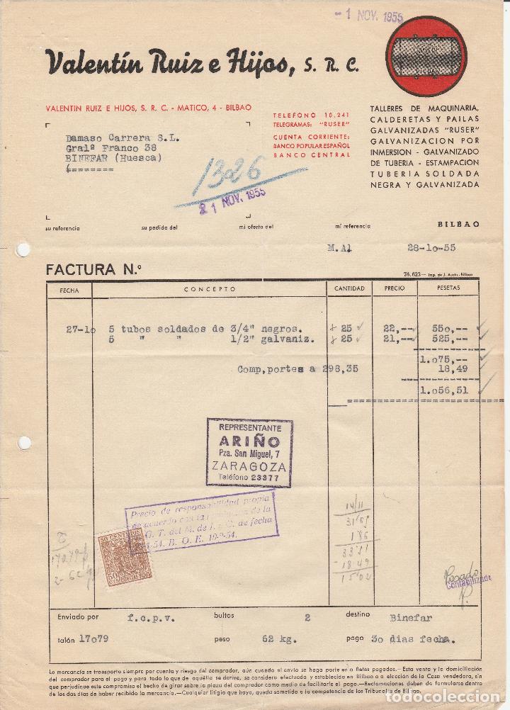 Alte Rechnungen: FACTURA. VALENTIN RUIZ E HIJOS, S.R.C. TALLERES DE MAQUINARIA, CALDERETAS. BILBAO. 1955.