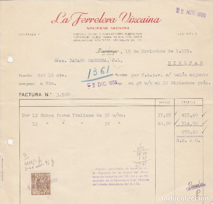 Alte Rechnungen: FACTURA. LA FERRETERA VIZCAINA S.A. FABRICA DE POLEAS DE CHAPA DE ACERO. DURANGO. VIZCAYA. 1955.