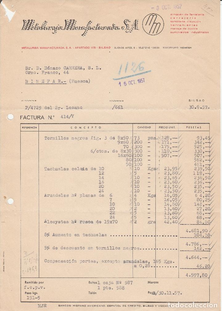 Alte Rechnungen: FACTURA. METALURG&Iacute;A MANUFACTURAS S.A. CERRAJERIA, TORNILLER&Iacute;A. BILBAO. 1957.