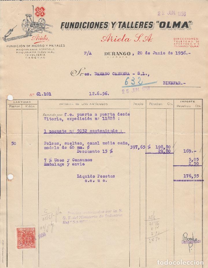 Alte Rechnungen: FACTURA. FUNDICIONES Y TALLERES OLMA. FUNDICI&Oacute;N DE HIERROS Y METALES. DURANGO-VIZCAYA. 1956.