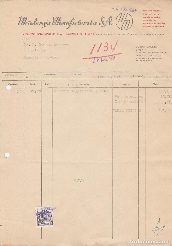 Alte Rechnungen: FACTURA. METALURGIA MANUFACTURADA S.A. CERRAJERIA. TORNILLERIA. MENAJE DE COCINA. BILBAO 1961.