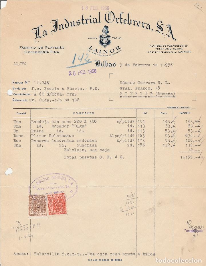 Alte Rechnungen: FACTURA. LA INDUSTRIA ORFEBRERA, S.A. F&Aacute;BRICA DE PLATER&Iacute;A ORFEBRER&Iacute;A FINA. BILBAO. 1956.