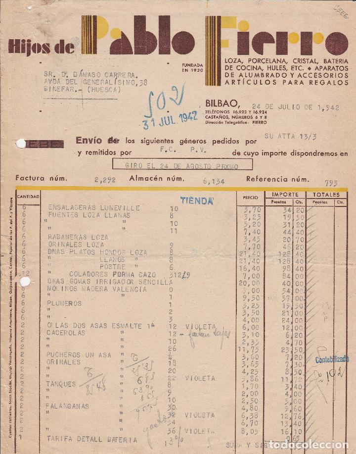 Alte Rechnungen: FACTURA. HIJOS DE PABLO FIERRO. LOZA, PORCELANA, CRISTAL BATERIA DE COCINA. BILBAO. 1942.