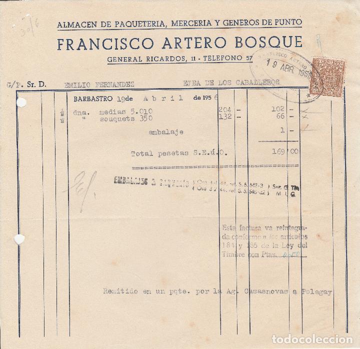 Factures anciennes: FACTURA. FRANCISCO ARTERO BOSQUE. ALMAC&Eacute;N DE PAQUETER&Iacute;A, MERCER&Iacute;A Y G&Eacute;NEROS DE PUNTO. BARBASTRO.1956
