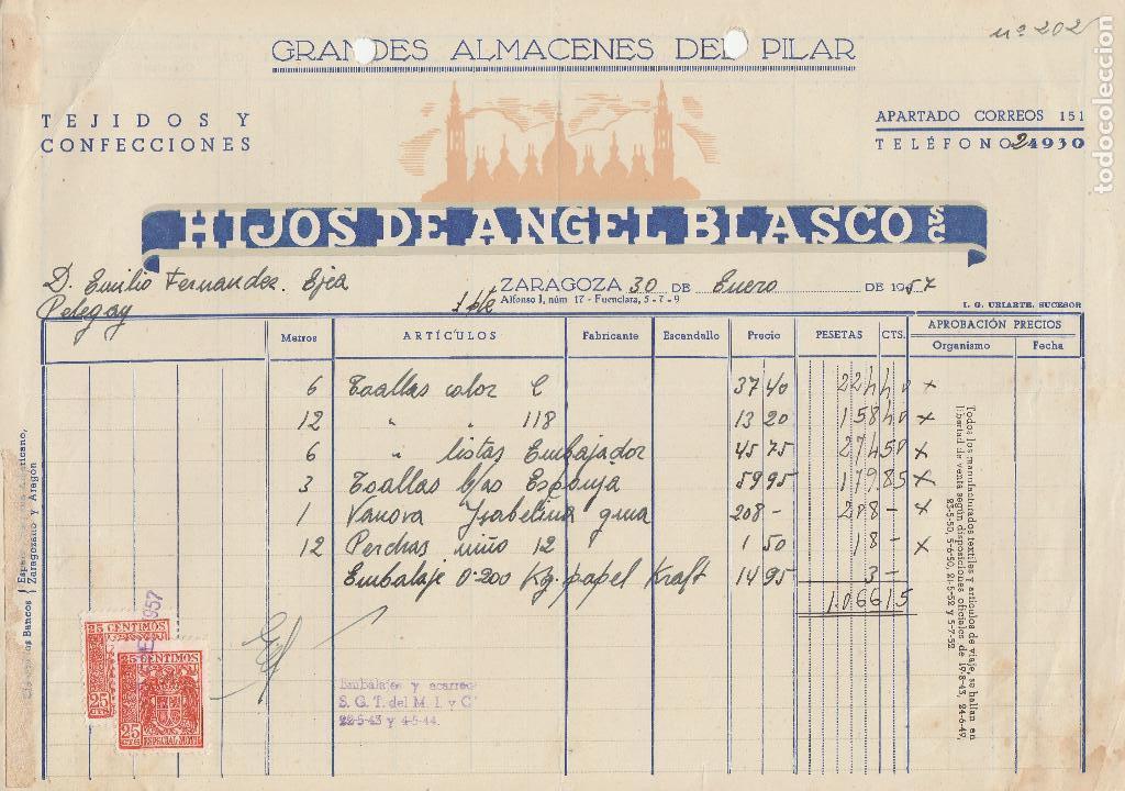 Factures anciennes: FACTURA. HIJOS DE ANGEL BLASCO. S.C. TEJIDOS  Y CONFECCIONES. ZARAGOZA. 1957.
