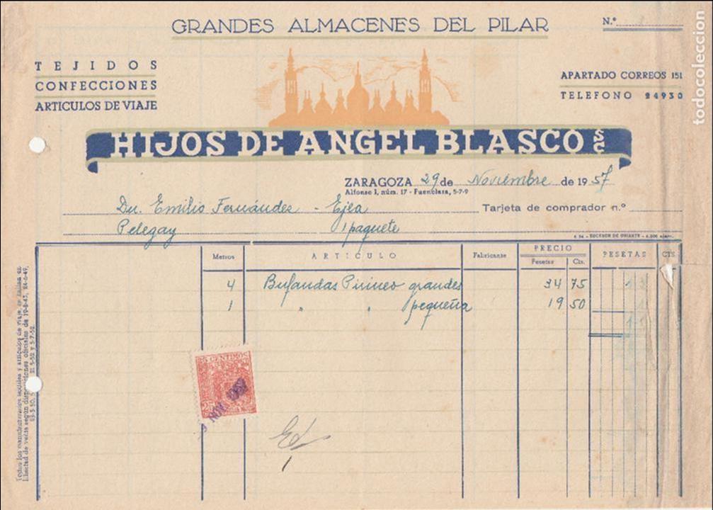 Factures anciennes: FACTURA. HIJOS DE ANGEL BLASCO. S.C. TEJIDOS CONFECCIONES. ART&Iacute;CULOS DE VIAJE. ZARAGOZA. 1957.