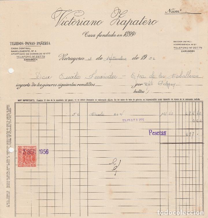 Factures anciennes: FACTURA. VICTORIANO ZAPATERO. TEJIDOS - LANA- PA&Ntilde;ER&Iacute;A. ZARAGOZA. 1956.