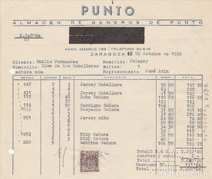 Factures anciennes: FACTURA. ANGEL CAJAL. ALMAC&Eacute;N DE G&Eacute;NEROS DE PUNTO. ZARAGOZA. 1956.