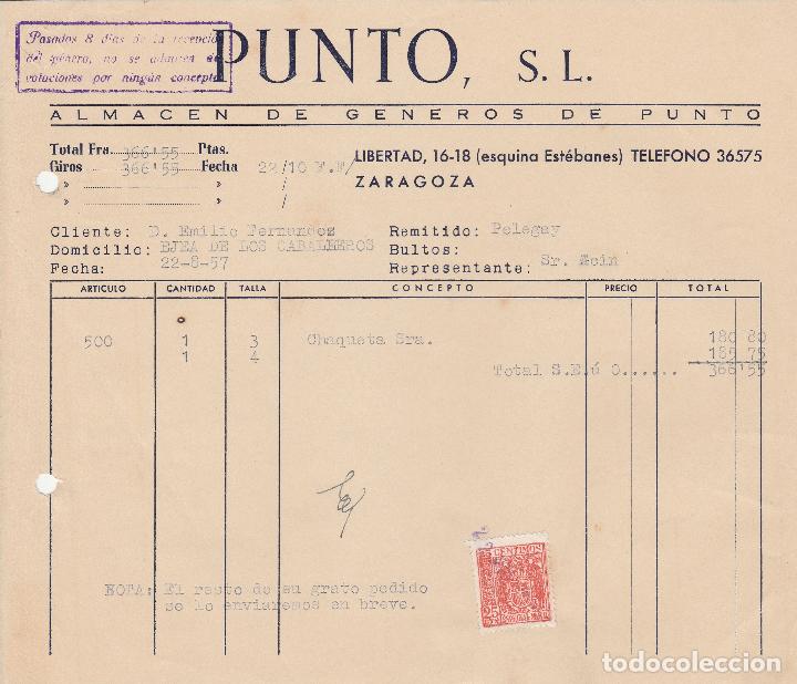 Factures anciennes: FACTURA. PUNTO S.L. ALMACEN DE GENEROS DE PUNTO. ZARAGOZA. 1957.
