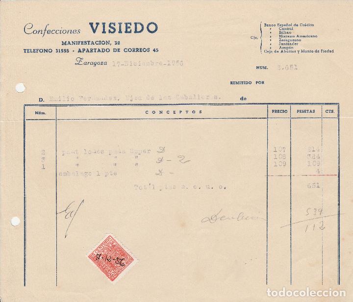 Factures anciennes: FACTURA. CONFECCIONES VISIEDO. ZARAGOZA. 1956.