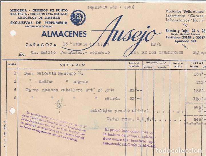 Factures anciennes: FACTURA. ALMACENES AUSEJO. MERCER&Iacute;A-G&Eacute;NEROS DE PUNTO-ART&Iacute;CULOS DE LIMPIEZA. ZARAGOZA. 1957.