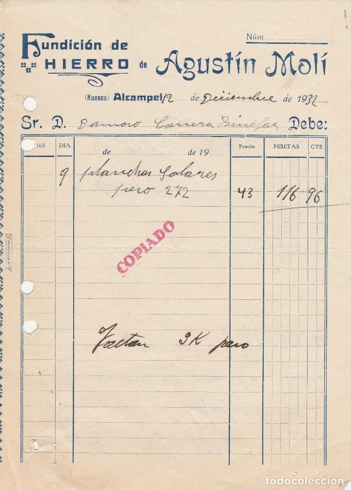 Factures anciennes: FACTURA. FUNDICI&Oacute;N DE HIERRO DE AGUST&Iacute;N MOL&Iacute;. ALCAMPEL-HUESCA. 1932.