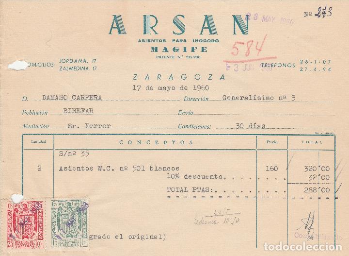 Factures anciennes: FACTURA. ARSAN. ASIENTOS PARA INODORO. ZARAGOZA. 1960