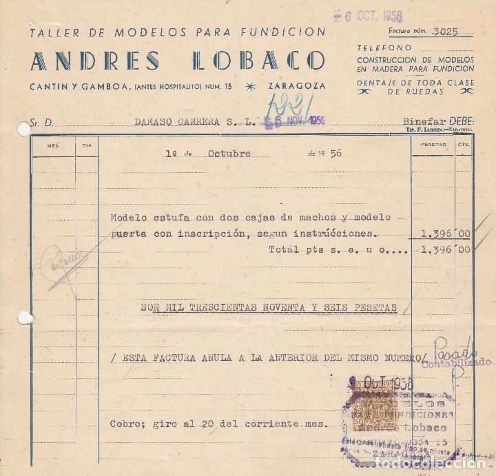 Factures anciennes: FACTURA. ANDRES LOBACO. TALLER DE MODELOS PARA FUNDICI&Oacute;N. ZARAGOZA. 1956.