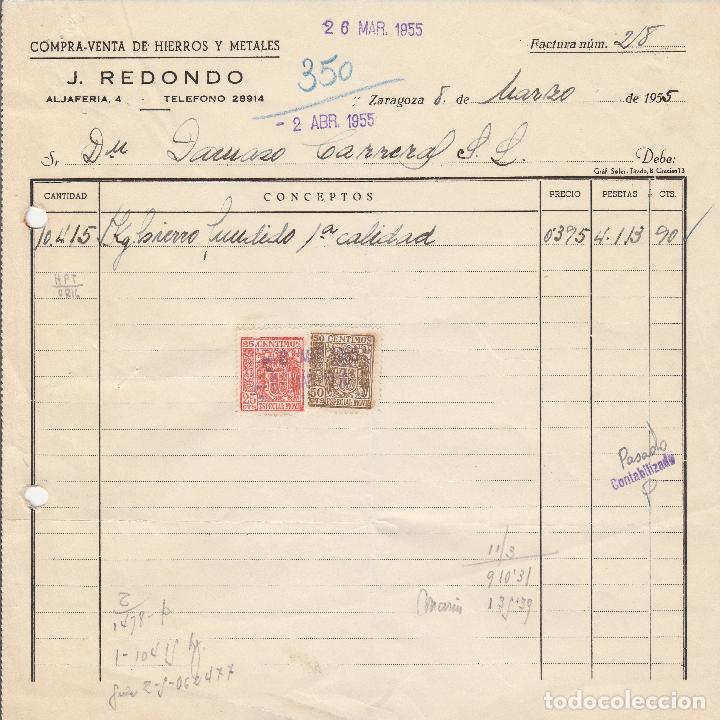 Factures anciennes: FACTURA. J. REDONDO. COMPRA-VENTA DE HIERROS Y METALES. ZARAGOZA. 1955.