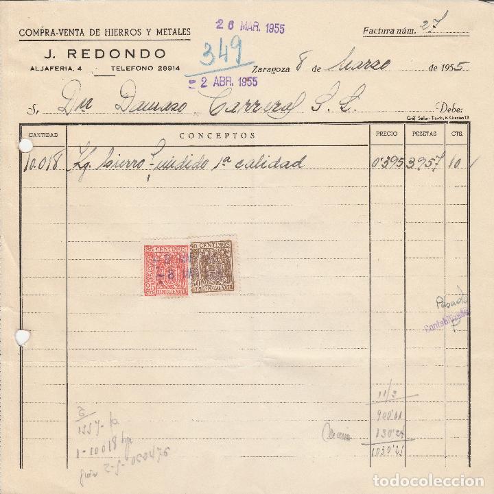Factures anciennes: FACTURA. J. REDONDO. COMPRA-VENTA DE HIERROS Y METALES. ZARAGOZA. 1955.