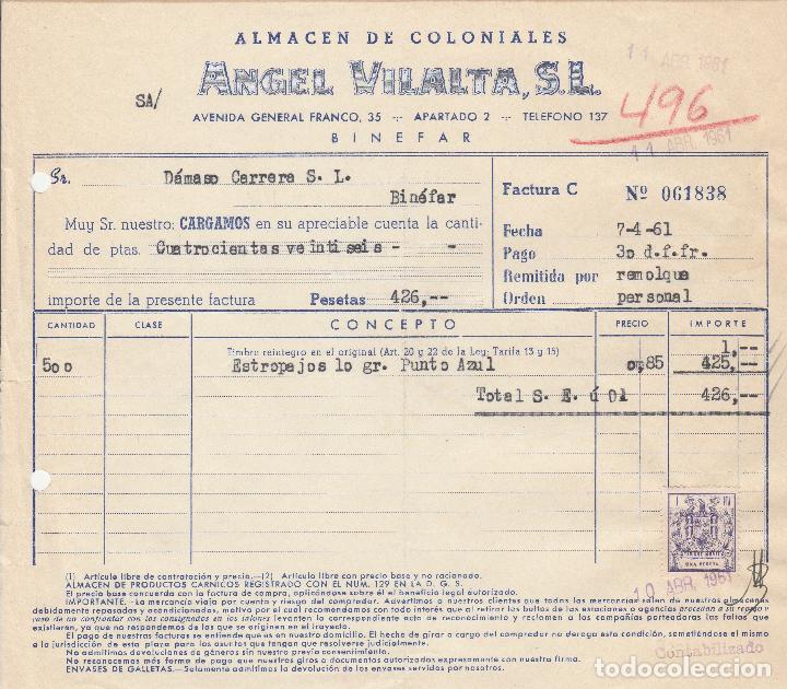 Alte Rechnungen: FACTURA. ANGEL VILALTA S.L. ALMACEN DE COLONIALES. BINEFAR. 1961.