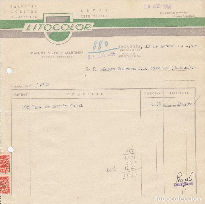 Alte Rechnungen: FACTURA. LITOCOLOR. MANUEL VIZOSO MARTINEZ. BARNICES, ACEITES, LACAS. ZARAGOZA. 1956.