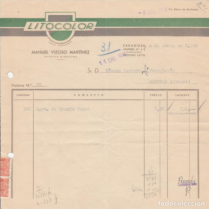 Alte Rechnungen: FACTURA. LITOCOLOR. MANUEL VIZOSO MARTINEZ. BARNICES, ACEITES, LACAS. ZARAGOZA. 1956.
