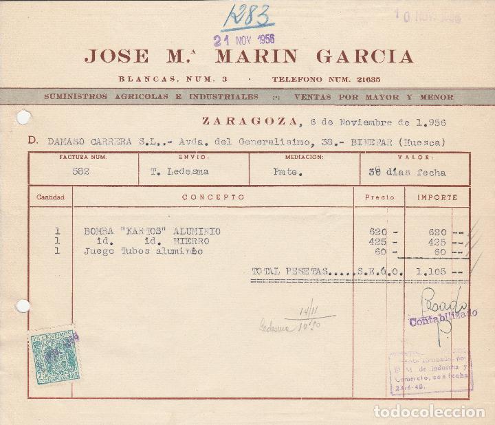Alte Rechnungen: FACTURA. JOSE M. MARIN GARC&Iacute;A. SUMINISTROS AGR&Iacute;COLAS E INDUSTRIALES. ZARAGOZA. 1956.