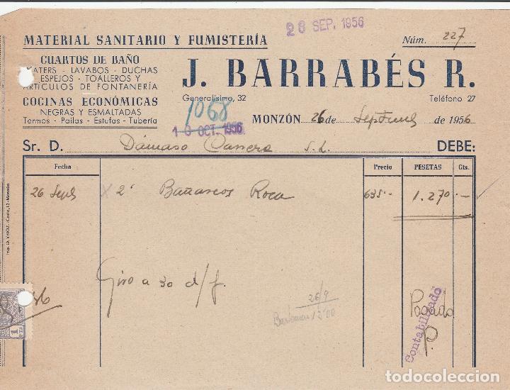 Alte Rechnungen: FACTURA. J.BARRAB&Eacute;S R. MATERIAL SANITARIO Y FUMISTERIA. MONZON. 1956.