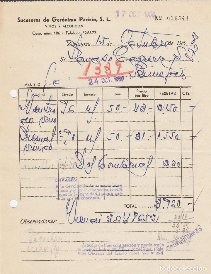 Alte Rechnungen: FACTURA. SUCESORES DE GER&Oacute;NIMO PARICIO, S.L. VINOS Y LICORES. ZARAGOZA. 1958.