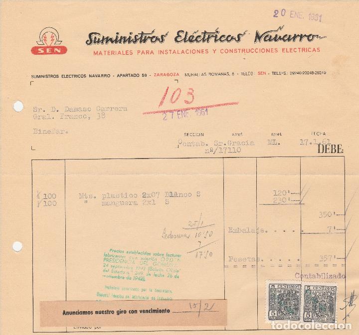 Alte Rechnungen: FACTURA. SUMINISTROS EL&Eacute;CTRICOS NAVARRO. MATERIAL PARA INSTALACIONES EL&Eacute;CTRICAS. ZARAGOZA. 1961.