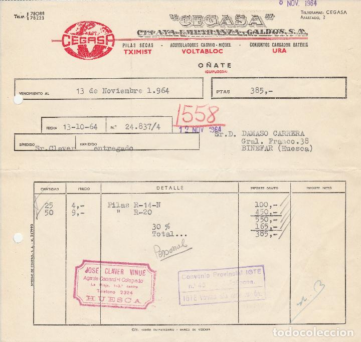 Alte Rechnungen: FACTURA. CEGASA. CELAYA EMPARANZA Y GALDOS, S.A.  O&Ntilde;ATE-GUIPUZCOA. 1964.