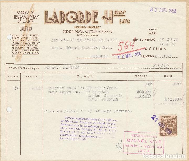 Alte Rechnungen: FACTURA. LABORDE HNOS. S.A. F&Aacute;BRICA DE HERRAMIENTAS DE CORTE. ANDOAIN-GUIPUZCOA. 1958.