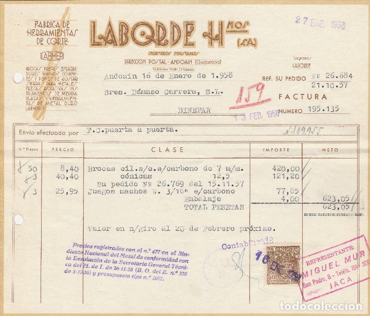 Alte Rechnungen: FACTURA. LABORDE HNOS. S.A. F&Aacute;BRICA DE HERRAMIENTAS DE CORTE. ANDOAIN-GUIPUZCOA. 1958.