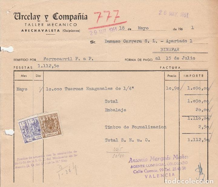 Alte Rechnungen: FACTURA. ARCELAY Y COMPA&Ntilde;IA. TALLER MEC&Aacute;NICO. ARECHAVALETA-GUIPUZCOA. 1961.
