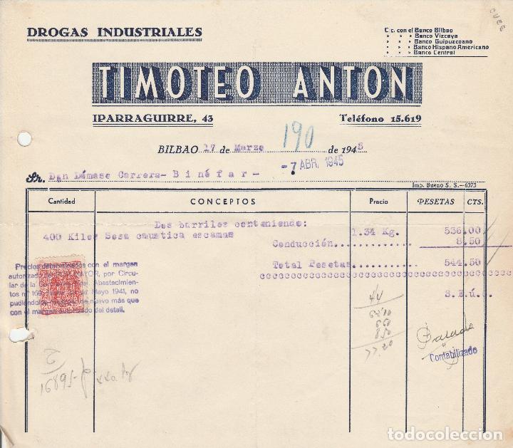 Alte Rechnungen: FACTURA. TIMOTEO ANTON. DROGAS INDUSTRIALES. BILBAO. 1945.