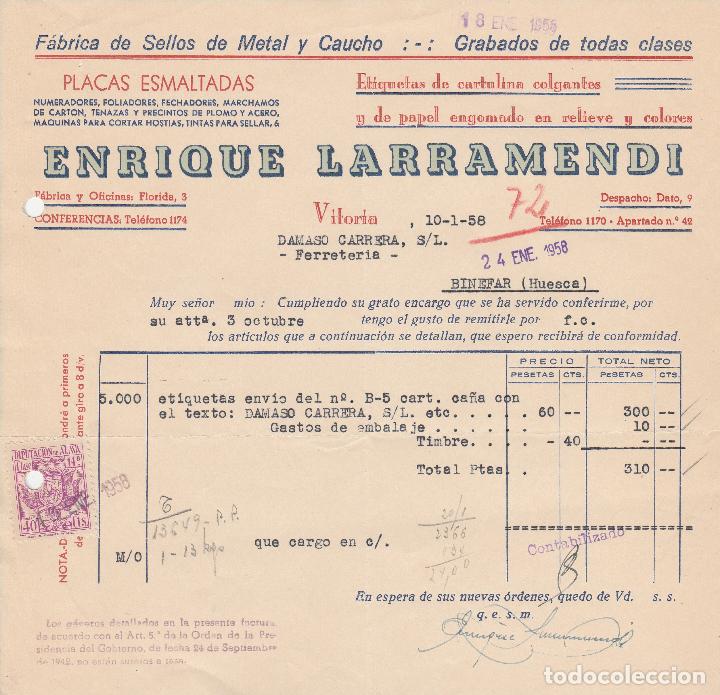 Alte Rechnungen: FACTURA. ENRIQUE LARRAMENDI. F&Aacute;BRICA DE SELLOS DE METAL Y CAUCHO. VITORIA. 1958.