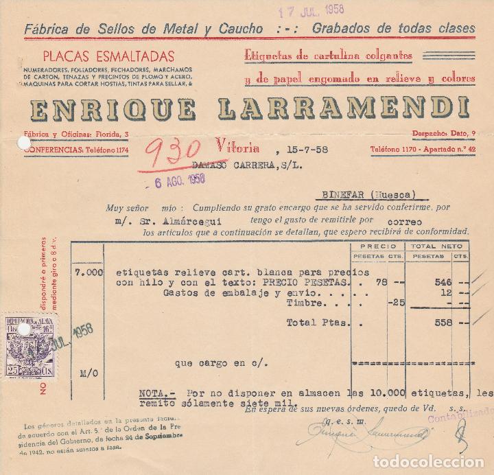 Alte Rechnungen: FACTURA. ENRIQUE LARRAMENDI. F&Aacute;BRICA DE SELLOS DE METAL Y CAUCHO. VITORIA. 1958.