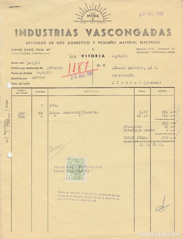 Alte Rechnungen: FACTURA. INDUSTRIAS VASCONGADAS. ART&Iacute;CULOS DE USO DOM&Eacute;STICO. VITORIA. 1961.