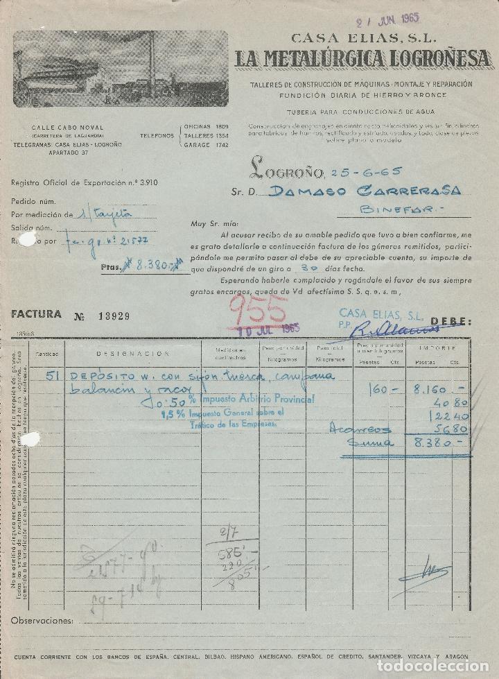 Alte Rechnungen: FACTURA. CASA ELIAS S.L. LA METAL&Uacute;RGICA LOGRO&Ntilde;ESA. TUBER&Iacute;AS PARA CONDUCCI&Oacute;N DE AGUA. LOGRO&Ntilde;O. 1965.