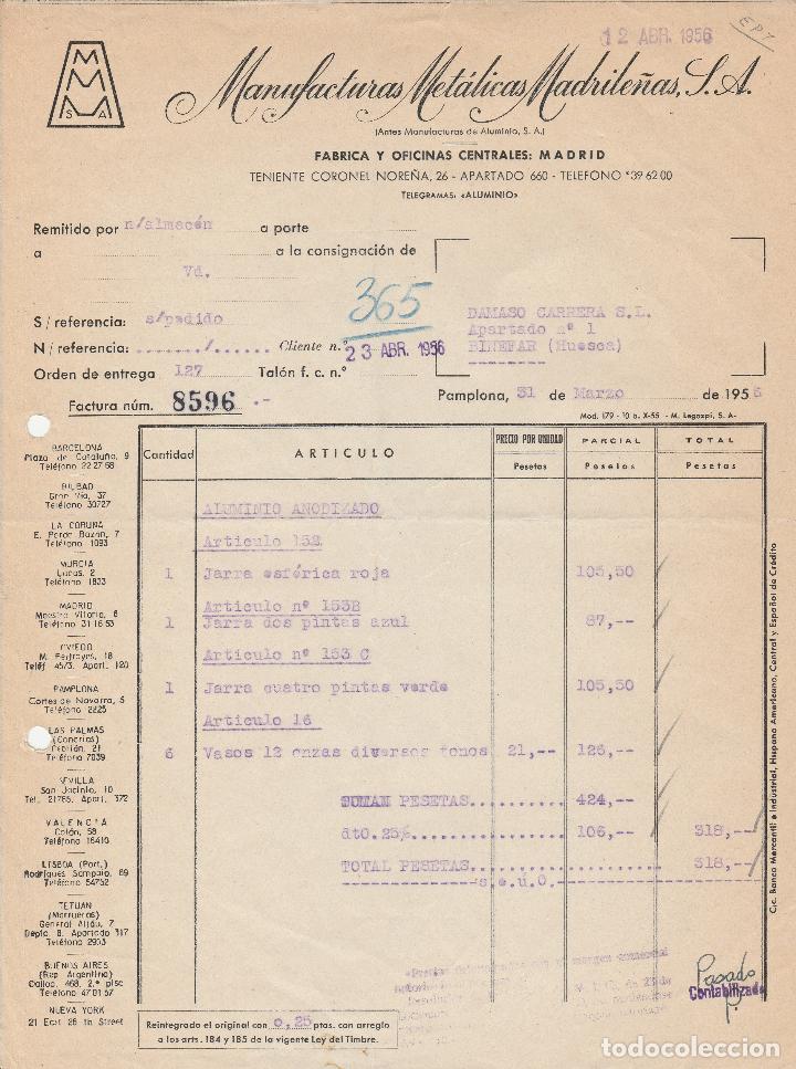 Alte Rechnungen: FACTURA. MANUFACTURAS MET&Aacute;LICAS MADRILE&Ntilde;AS, S.A. PAMPLONA. 1956.