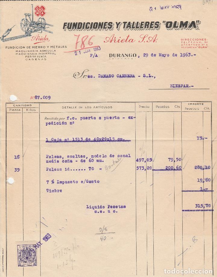 Alte Rechnungen: FACTURA. FUNDICIONES Y TALLERES OLMA. FUNDICION DE HIERROS Y METALES. DURANGO.VIZCAYA. 1963.
