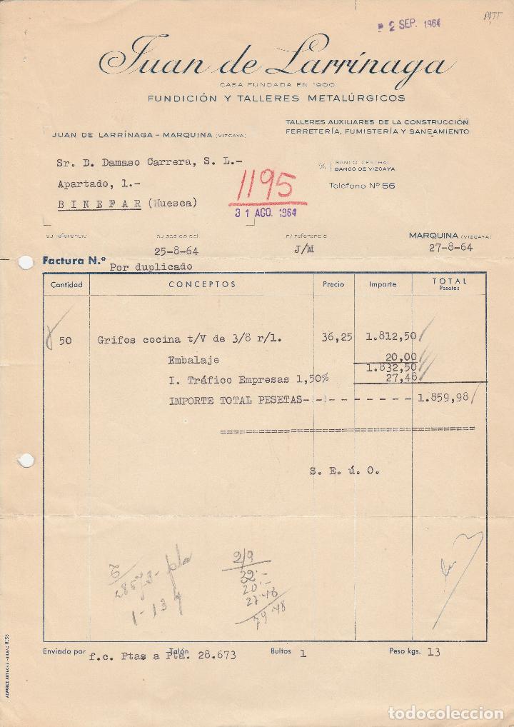 Alte Rechnungen: FACTURA. JUAN DE LARRINAGA. FUNDICI&Oacute;N Y TALLERES METAL&Uacute;GICOS. MARQUINA-VIZCAYA. 1964.