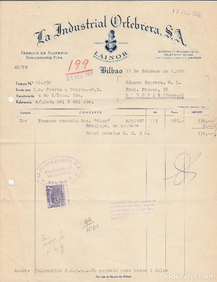 Alte Rechnungen: FACTURA. LA INDUSTRIA ORFEBRERA, S.A. F&Aacute;BRICA DE PLATER&Iacute;A ORFEBRER&Iacute;A FINA. BILBAO. 1961.