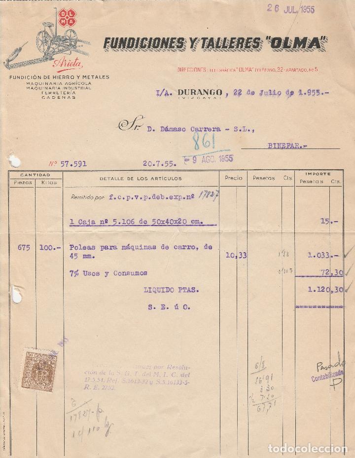 Alte Rechnungen: FACTURA. FUNDICIONES Y TALLERES OLMA. FUNDICI&Oacute;N DE HIERROS Y METALES. DURANGO-VIZCAYA. 1955.