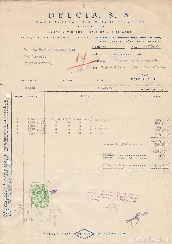 Alte Rechnungen: FACTURA. DELCIA. S.A. MANUFACTURA DEL VIDRIO Y CRISTAL. BILBAO 1957.