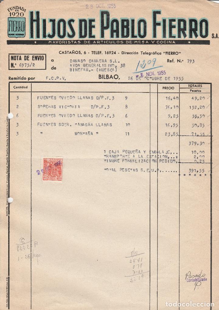 Alte Rechnungen: FACTURA. HIJOS DE PABLO FIERRO. MAYORISTA DE ARTICULOS DE MESA Y COCINA. BILBAO. 1955.