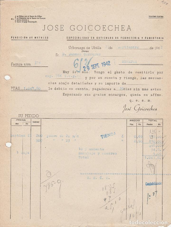 Alte Rechnungen: FACTURA. JOSE GOICOECHERA. ESPECIALIDAD EN ART&Iacute;CULOS DE FERRETER&Iacute;A Y FUMISTERIA. 1942.