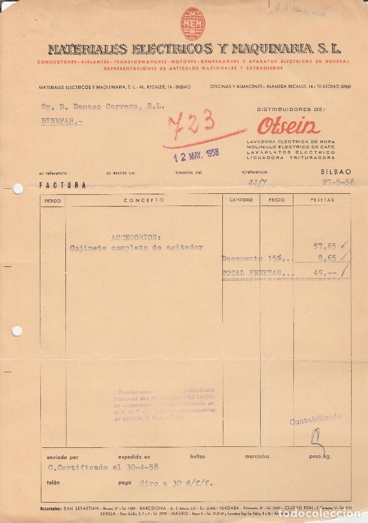 Factures anciennes: FACTURA. MATERIALES EL&Eacute;CTRICOS Y MAQUINARIA, S.L. CONDUCTORES-AISLANTES. OTSEIN. BILBAO. 1958.