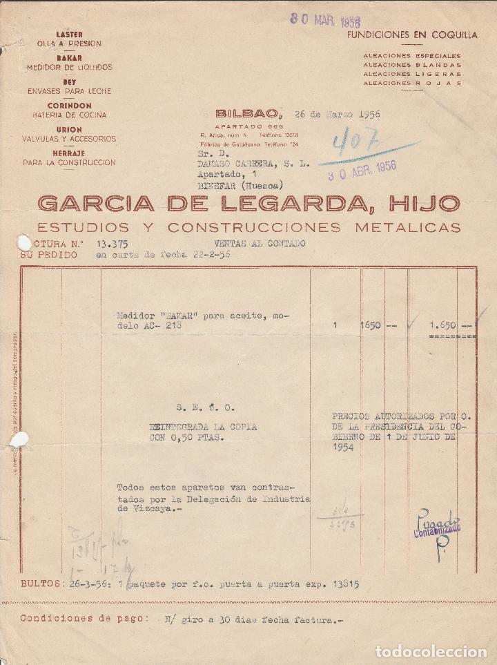 Factures anciennes: FACTURA. GARCIA DE LEGARDA, HIJO. ESTUDIOS Y CONSTRUCCIONES MET&Aacute;LICAS. BILBAO. 1956.