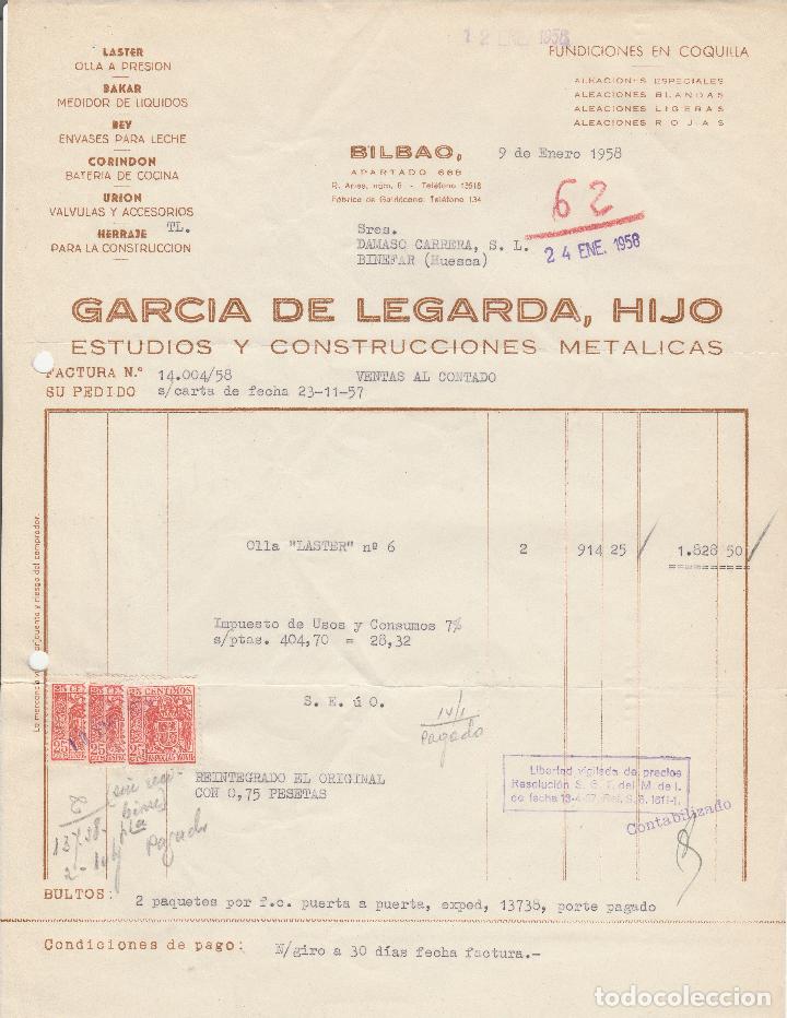 Factures anciennes: FACTURA. GARCIA DE LEGARDA, HIJO. ESTUDIOS Y CONSTRUCCIONES MET&Aacute;LICAS. BILBAO. 1958..