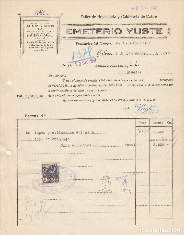 Factures anciennes: FACTURA. EMETERIO YUSTE. TALLER DE HOJLATERIA Y CALDERERIA DE COBRE. BILBAO 1957.